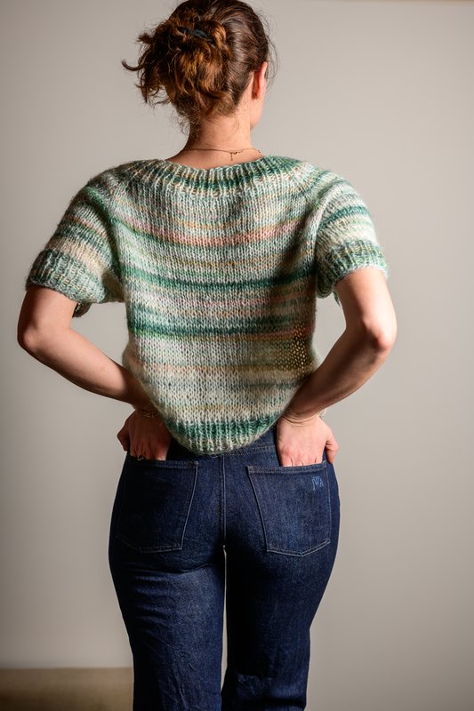 Grün-beiger Kurzarm-Pullover Rückansicht